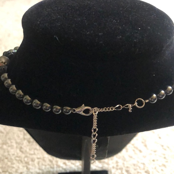 Hand crafted skeleton hand hematite Czech glass necklace - Picture 5 of 6